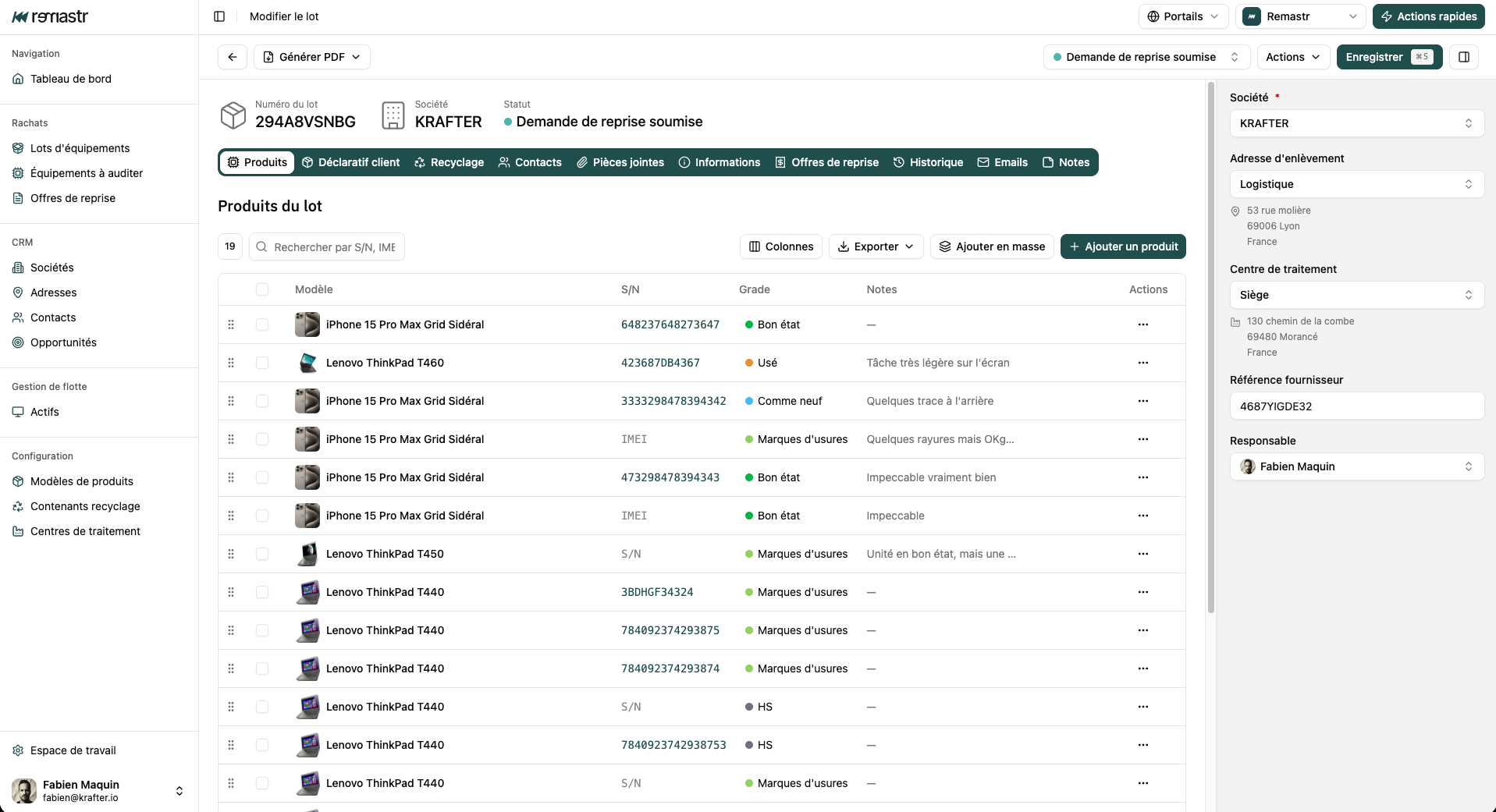 Vue détaillée d'un lot de rachat dans Remastr — liste des équipements, audit, cotation et statuts par asset.