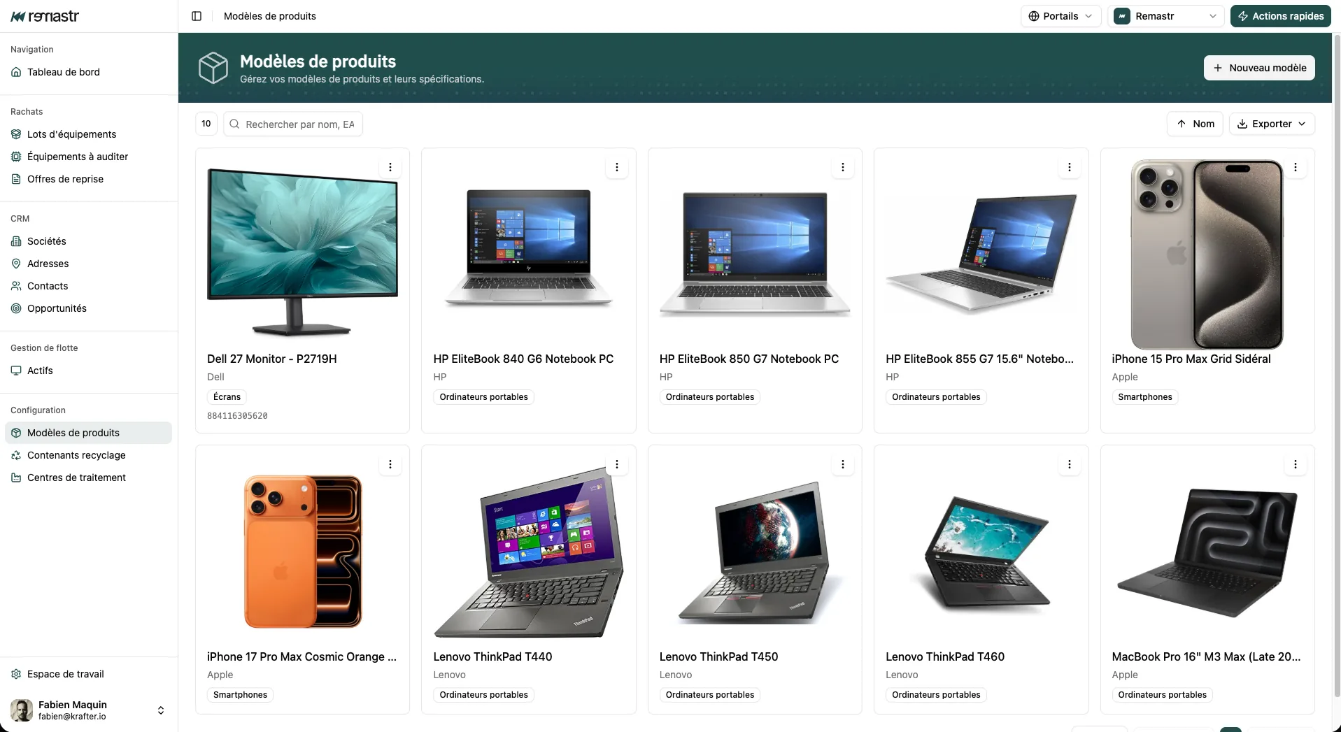 Vue du catalogue produit Remastr avec les modèles et leurs spécifications.